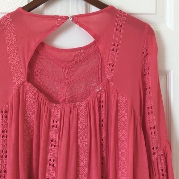 Free People Sweetest Dream Embroidered Long Puff Sleeve Tiered Tunic Top Pink XS - Picture 12 of 16